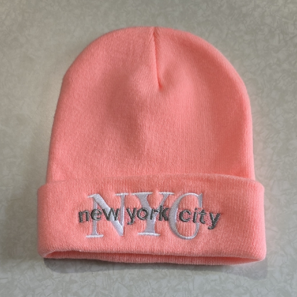 Pink Knit Winter Hat with NYC Embroidery